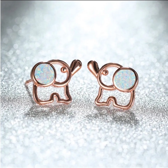 Jewelry - Rose Gold Elephant Earrings with Opal Inlay